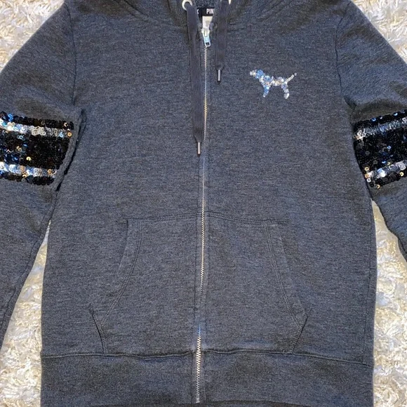 Victoria’s Secret PINK Gray Sequin Bling Hoodie. - Picture 9 of 10